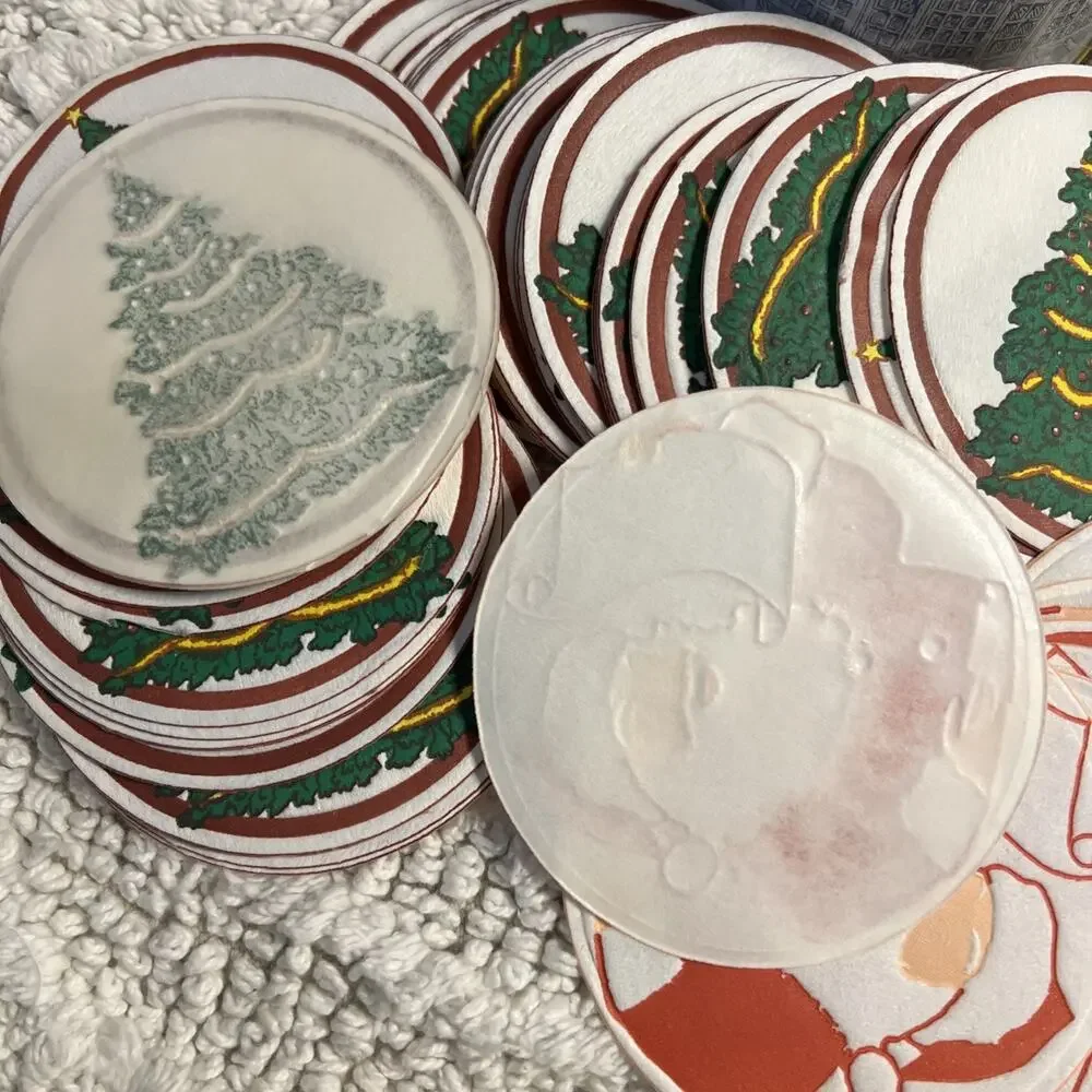 Vintage Set of 100 Paper Coasters Christmas Trees & Santa Claus Drink Party 3.5”